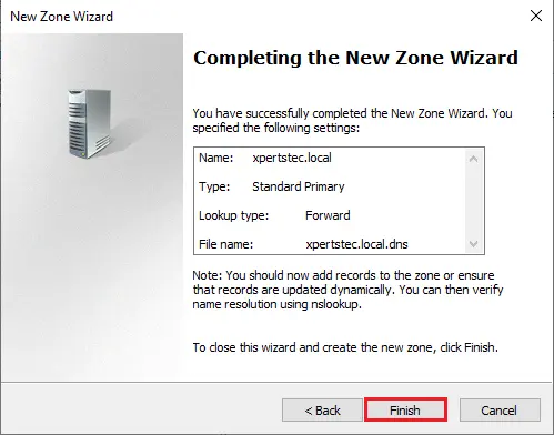 Completing the new zone wizard