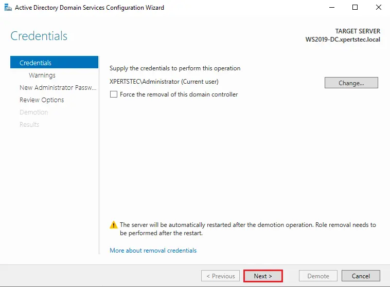 Demote domain controller credentials