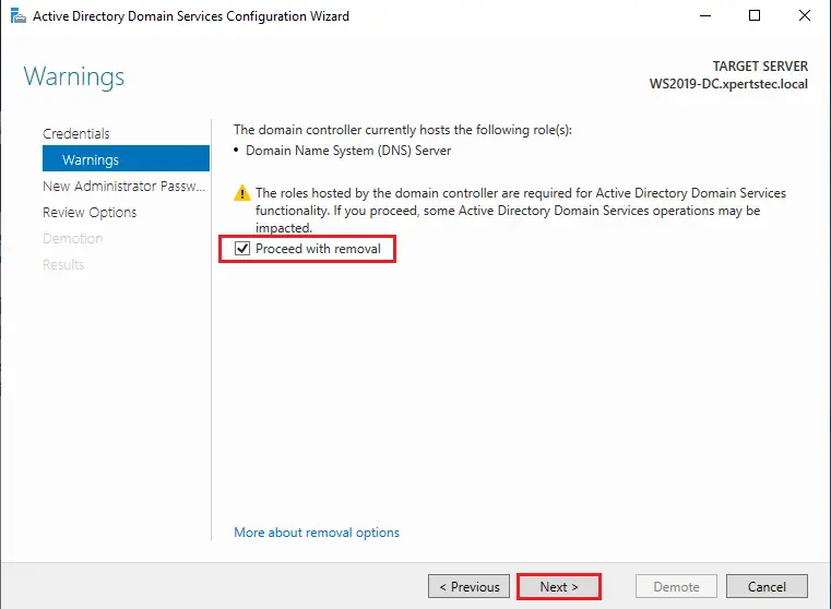 Demote domain controller warnings