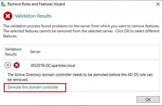 Demote this domain controller validation