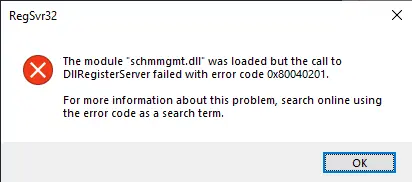 DllRegisterServer failed error code 0x80040201