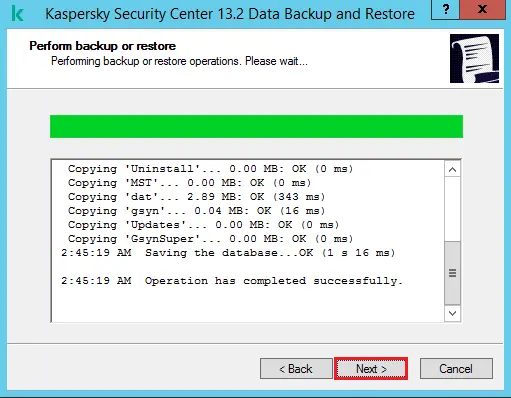 Kaspersky perform backup and restore