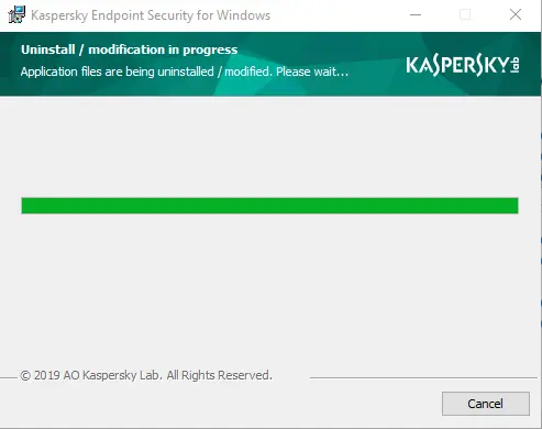 Kaspersky uninstall/modification in progress