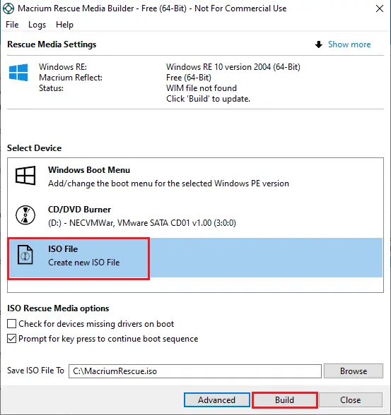 Macrium rescue media settings