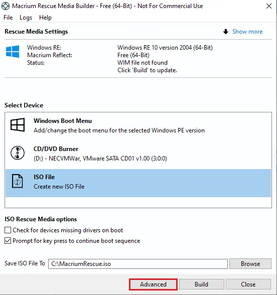 Macrium rescue media settings