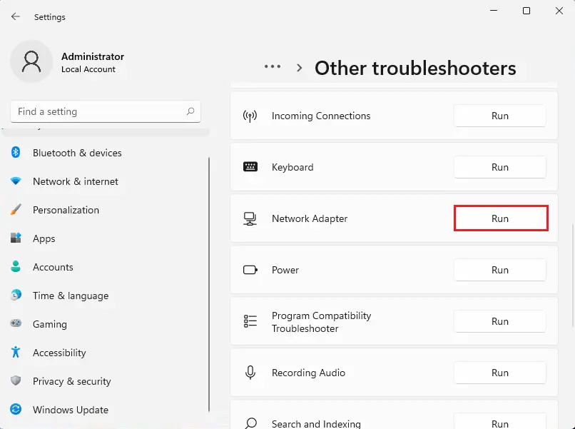 Other troubleshooters in Windows 11