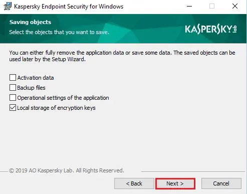 Uninstall Kaspersky saving objects