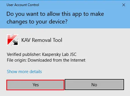 User account control, KAV removal tool