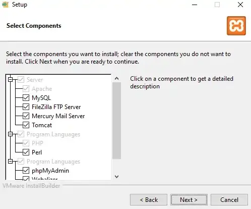 install xampp select components