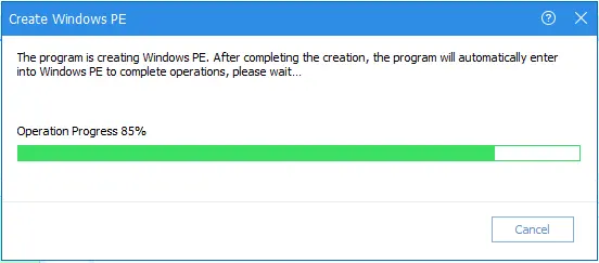 AOMEI create windows PE progress