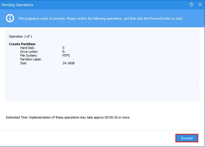 AOMEI creating partition pending