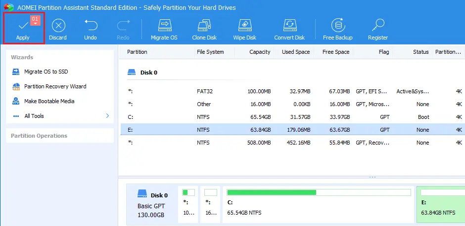 AOMEI merge partition apply