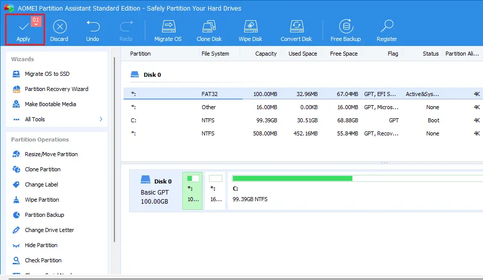 AOMEI merge partition apply