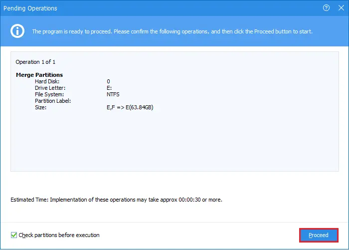 AOMEI merge partition pending