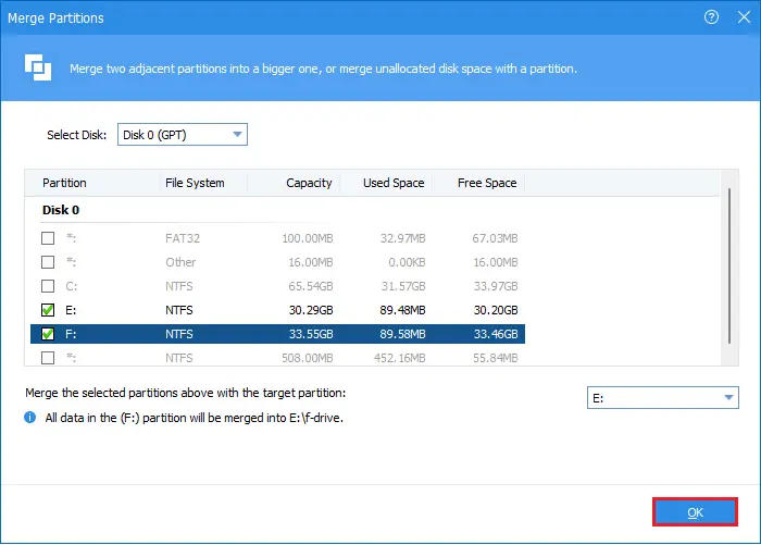 AOMEI merge two adjustment partition