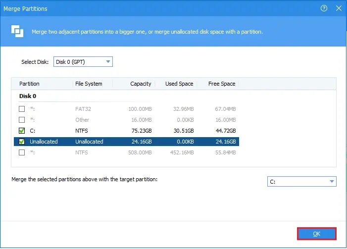 AOMEI merge two adjustment partition