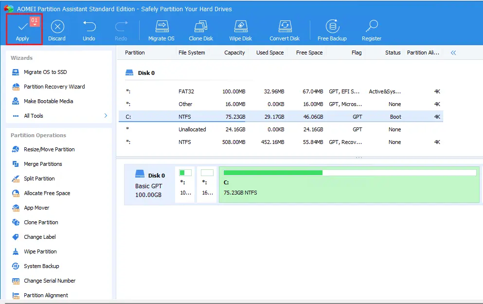 AOMEI partition assistant apply
