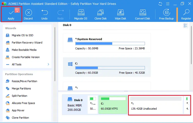 AOMEI partition assistant apply