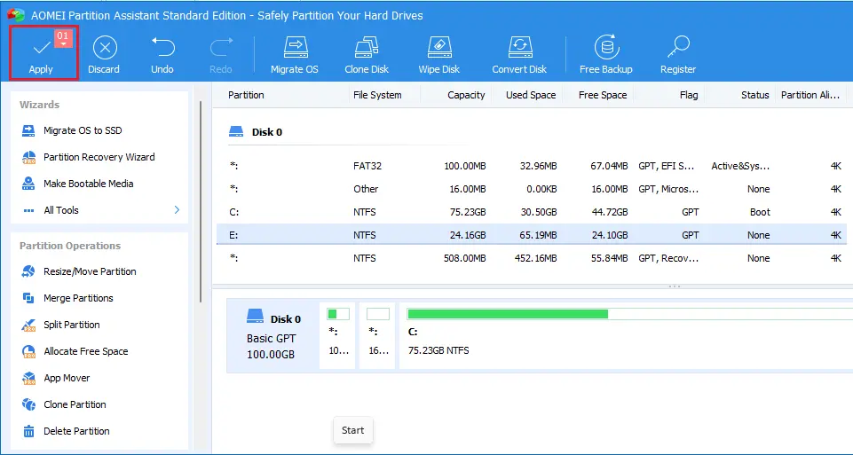 AOMEI partition assistant apply
