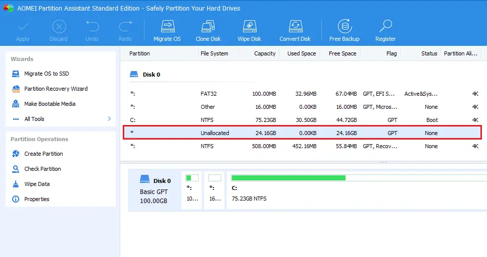 AOMEI partition assistant console