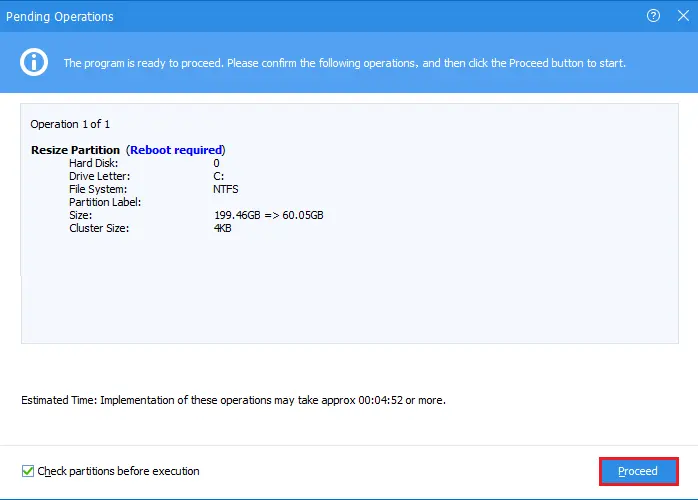 AOMEI resize partition proceed