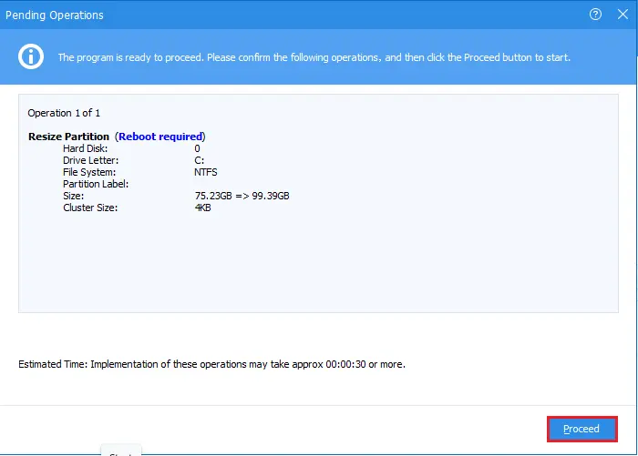 AOMEI resize partition reboot required