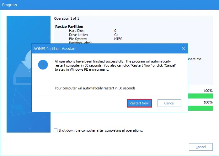 AOMEI resize partition restart now