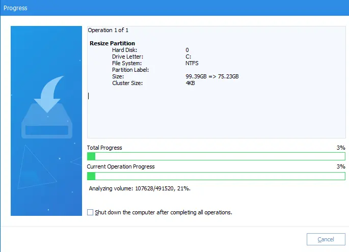 AOMEI resizing partition progress