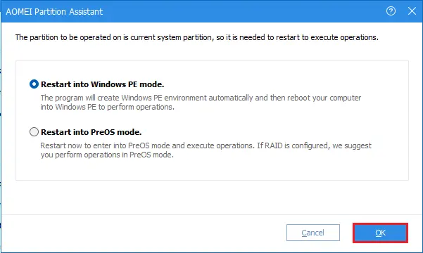 AOMEI restart Windows PC mode