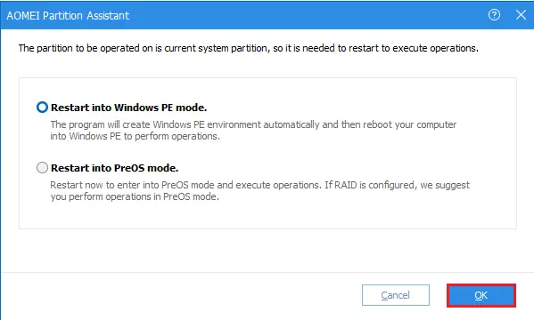 AOMEI restart into windows PE mode