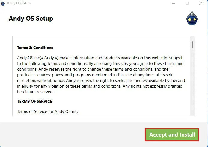 Accept and install Andy OS
