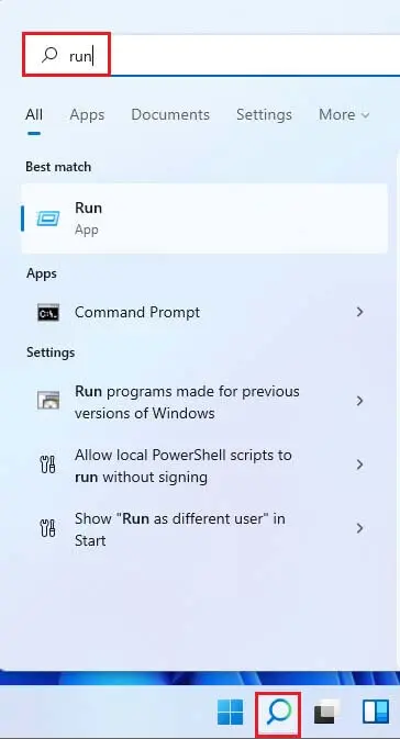 Access the run window using the search bar