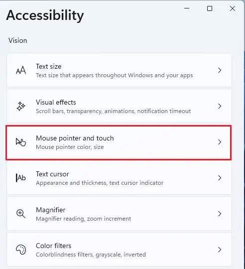 Accessibility mouse pointer and touch