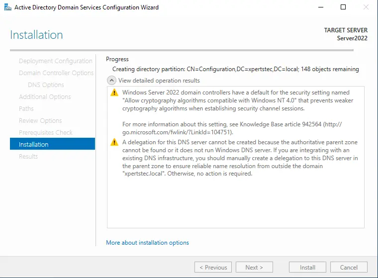 Active Directory installation progress