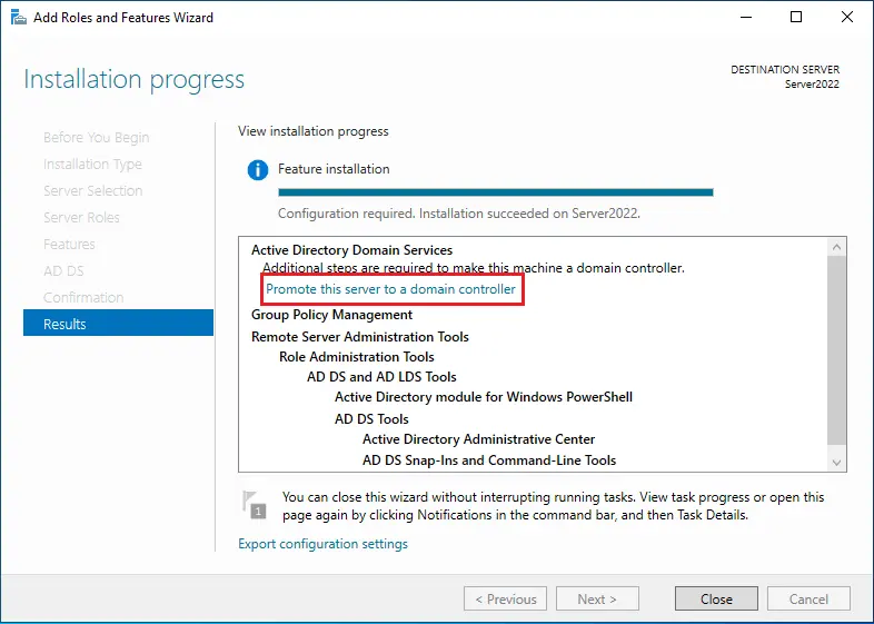 Active directory Installation progress results