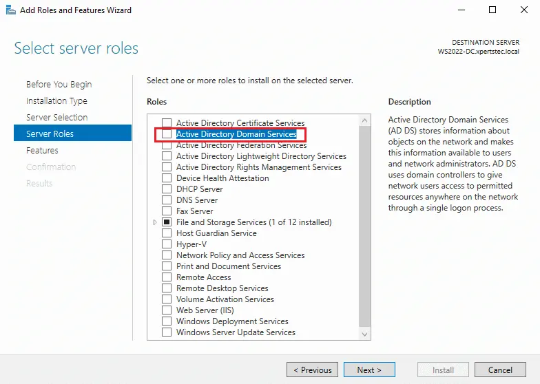 Active directory domain services role