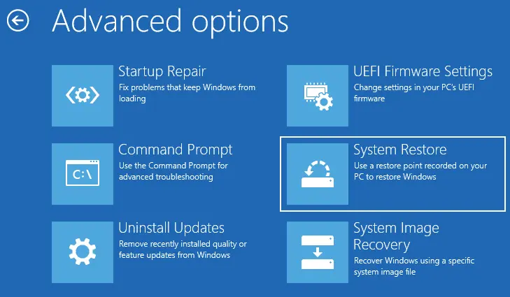 Advanced options system restore