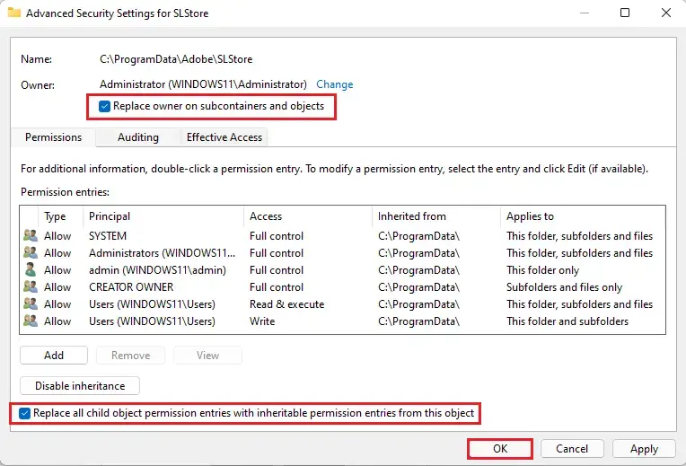 Advanced security settings for SLStore