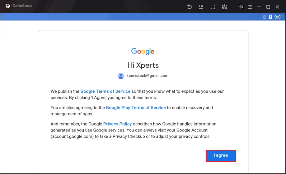 Agree google terms of service