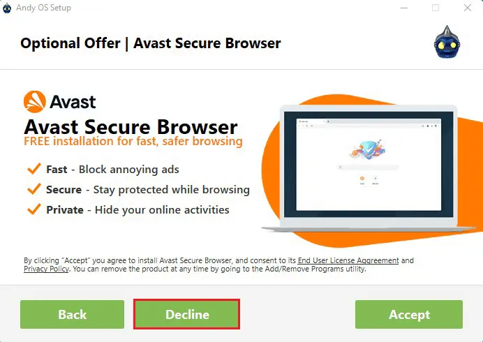 Andy OS setup Avast decline