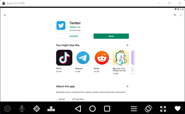 Andy emulator twitter app