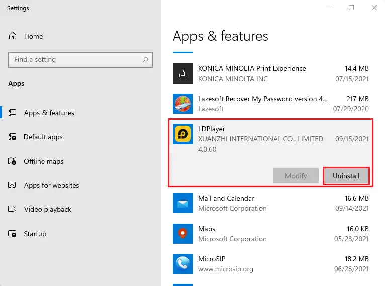 Apps & features uninstall LDPlayer