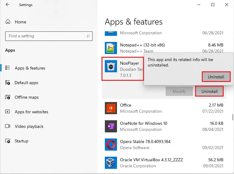 Apps & features uninstall Nox Player