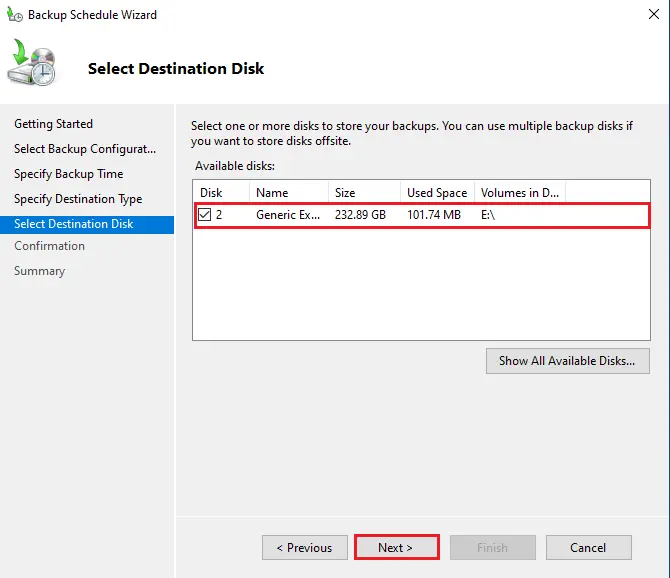 Bare metal backup destination disk