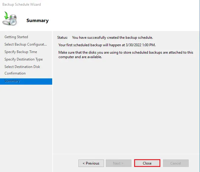 Bare metal backup schedule summary