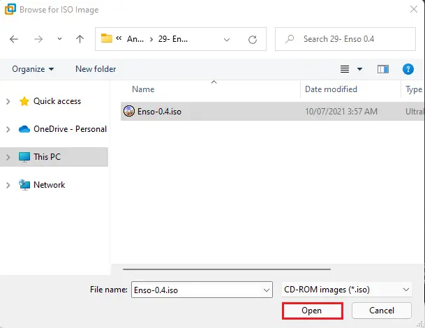 Browse for ISO image Enso OS
