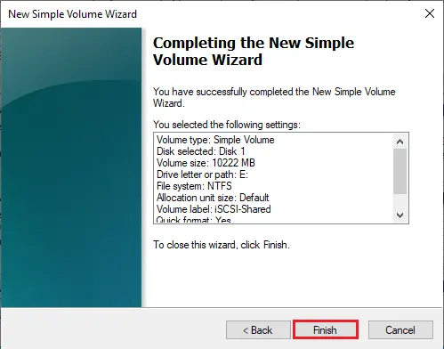 Completing the simple volume wizard