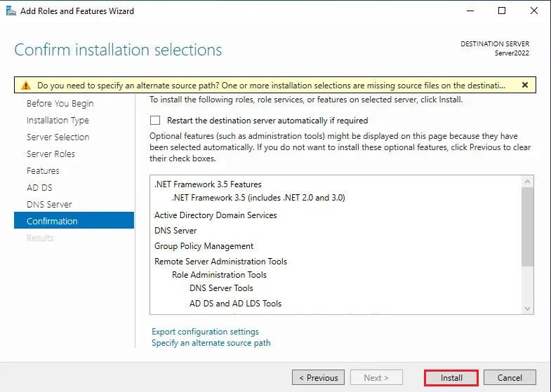 Confirm installation selections