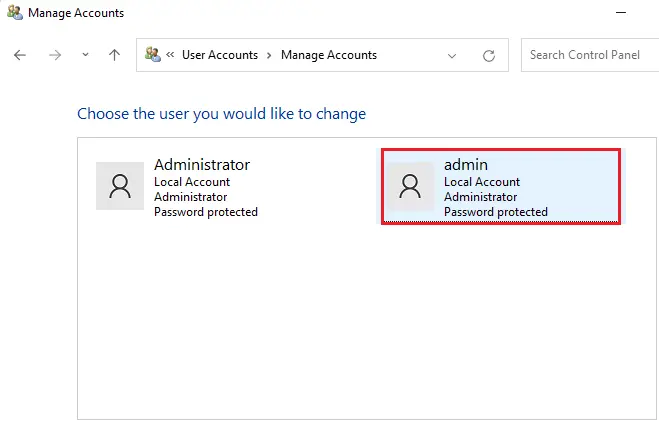 Control panel manage accounts