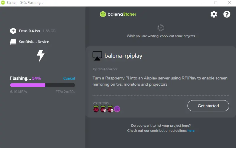 Create Enso USB bootable etcher flashing